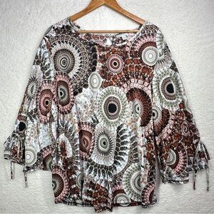 Est 1946 Top White and Brown Bell Sleeve Blouse with Tie Front whimsical Pattern